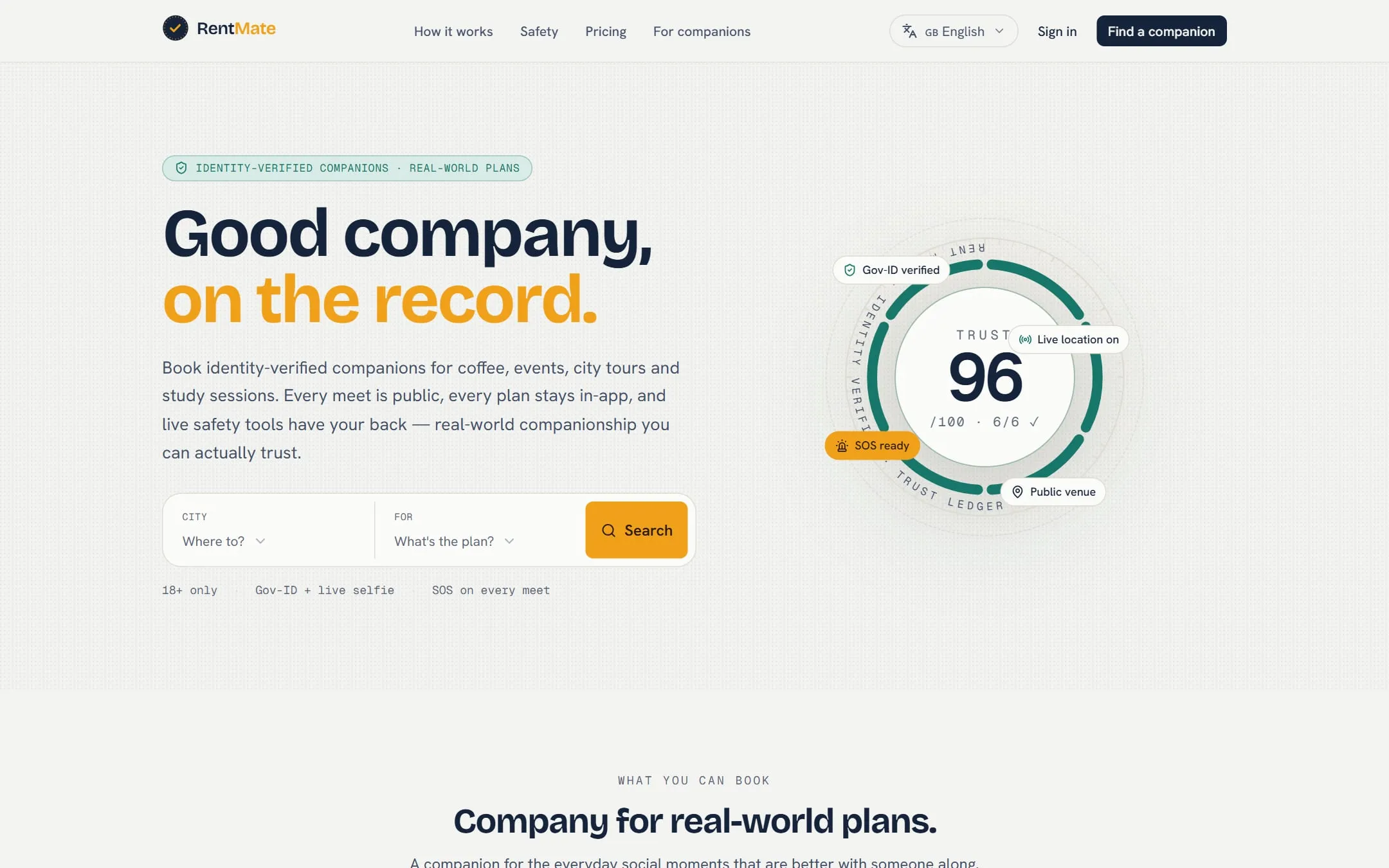 The RentMate homepage. The headline reads “Good company, on the record.” beside a trust score of 96 out of 100 inside a verification ring.