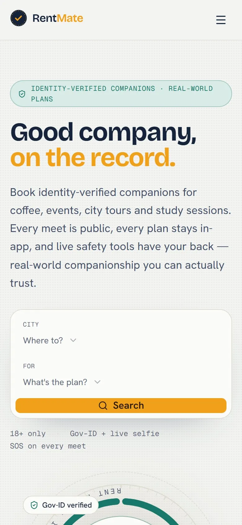 The RentMate homepage on a phone, with the headline, a city and plan search, and the verification ring below.