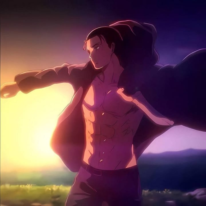 Avatar: an anime-style figure in a long coat, backlit by a low sun.